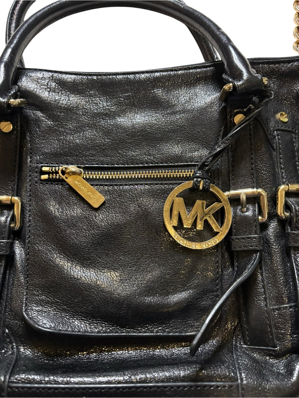 Michael Kors McGraw Black Leather Satchel with Gold Accents - Picture 3 of 12